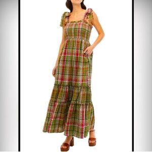 Crown & Ivy Plaid Smocked Tiered Cotton Maxi Dress